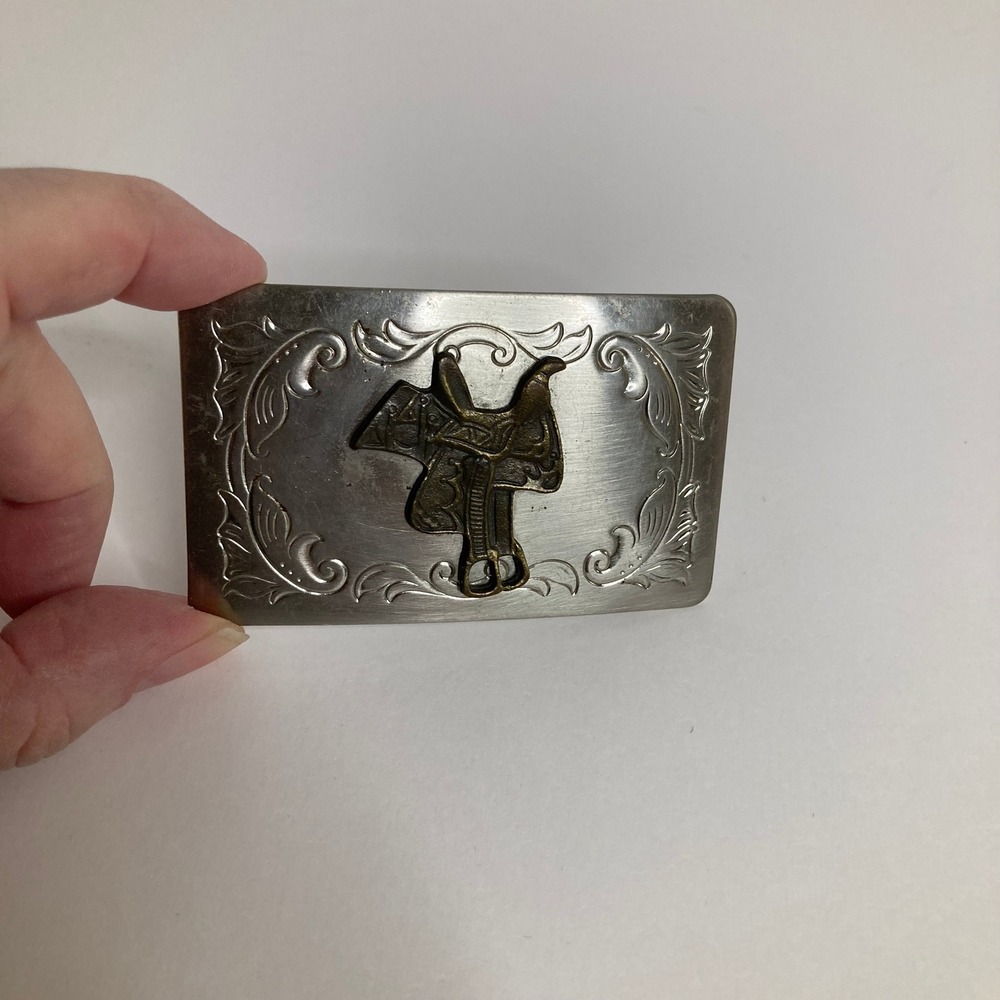 Cowboy Western Belt Buckle Saddle Stirrup Silver tone Metal 2 x 3"